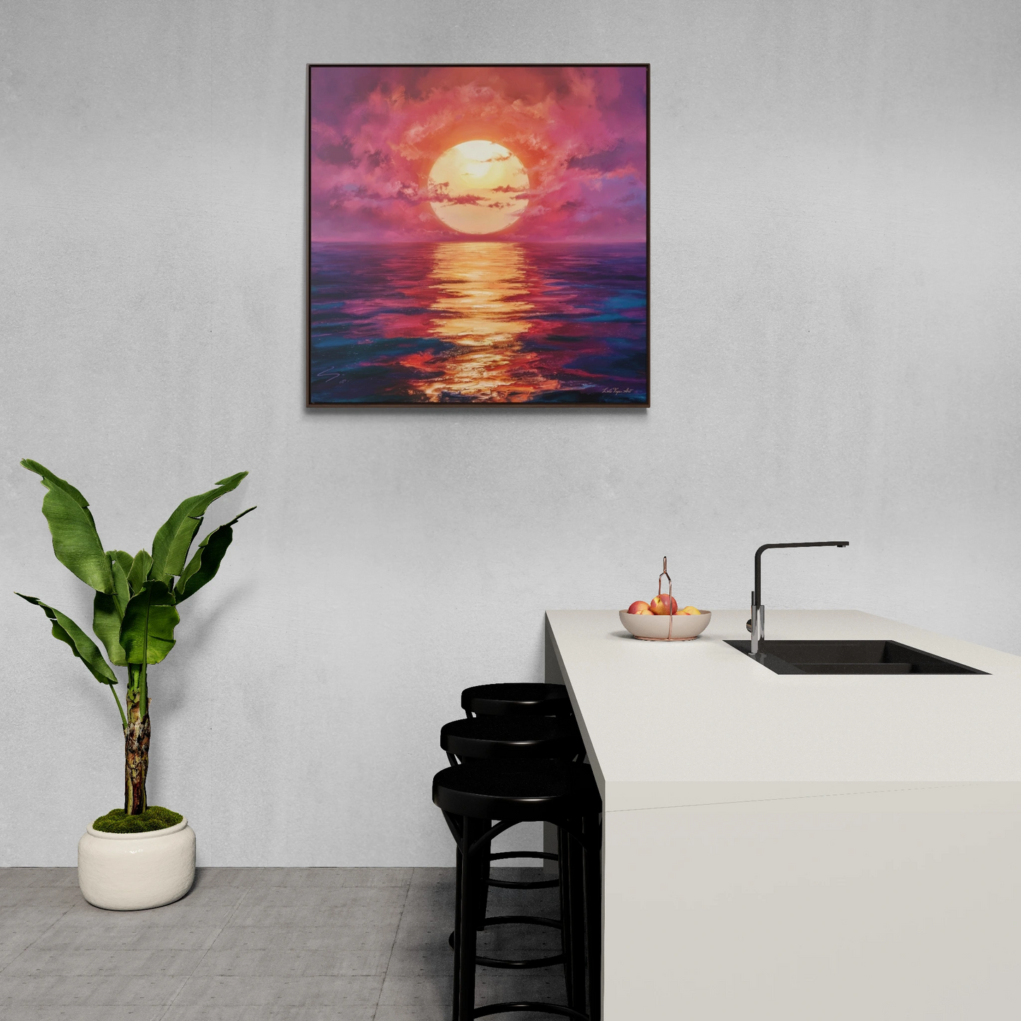 Canvas Wall Art, Moonlight Pink Orange Sky Square Frame Serenity Calmness Decor, Ocean Gallery Wrap, Home Office Decor, Beach House Gift,