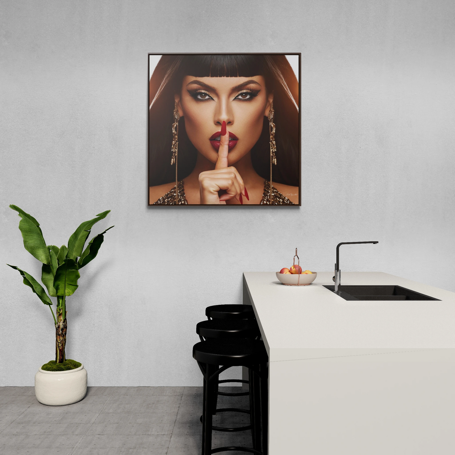 Square Frame Canvas Wall Art - Fine Art Photography of Egyptian Woman, Red Lips, Glamorous Decor, Fashionista, Be Quiet Sign, Gallery Canvas - LOLA VEGAS ART