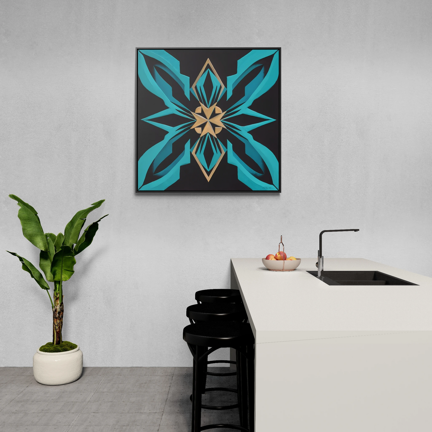 Art Deco Square Canvas Wall Art, Gallery Canvas Wraps, Turquoise and Gold Home Decor, Black Canvas Frame, Modern Wall Hanging, Office Decor,