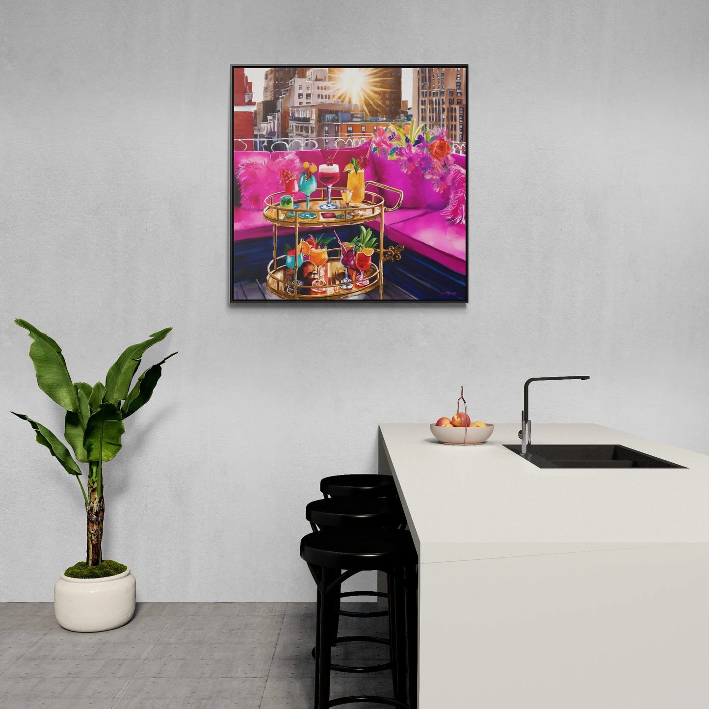 Fashionista Square Canvas Wall Art NYC Rooftop Deck, Hot Pink Couch, Cocktails, Glamorous & Feminine, Pink Decor, Trendy, Glam Girl