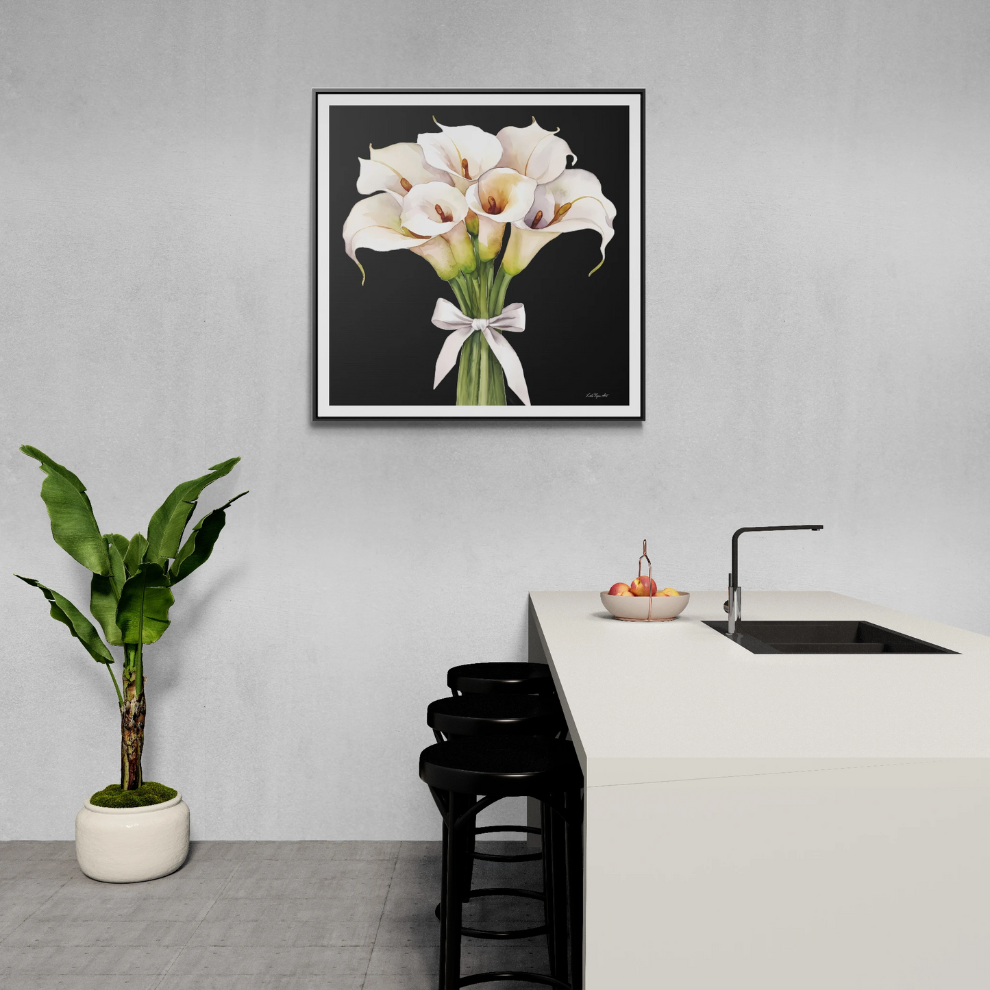 Square Frame Canvas Wall Art - White Calla Lillies Bouquet Painting, Gallery Canvas Wraps, Square Frame, Home Decor, Floral Art, Black