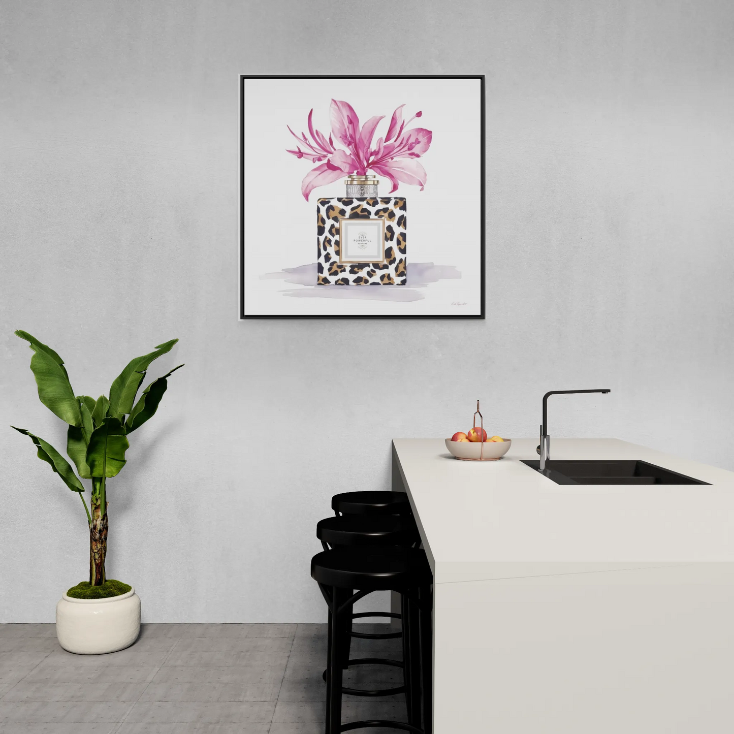 Square Frame Canvas Wall Art, Leopard Print Perfume Bottle with Pink Flowers, Feminine Fashion Decor - Gallery Canvas Wraps, Home Office