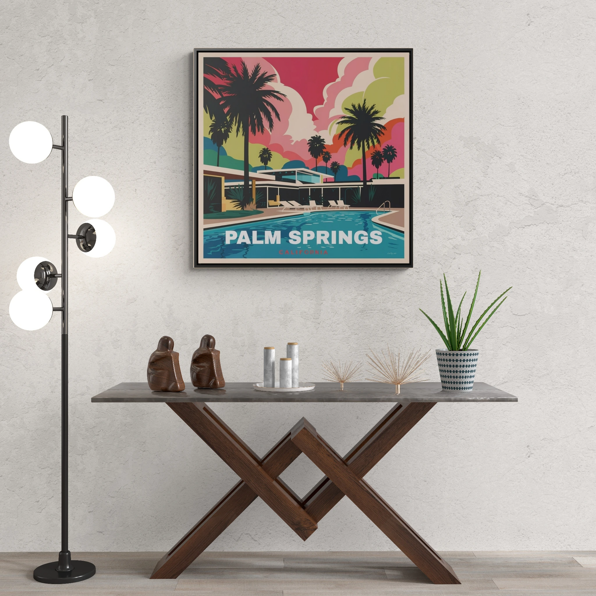Palm Springs Canvas, Mid Century Modern Art, Hipster Wall Decor, Retro Travel Poster, Square Framed Print, Vintage Vibe, Desert, California - LOLA VEGAS ART