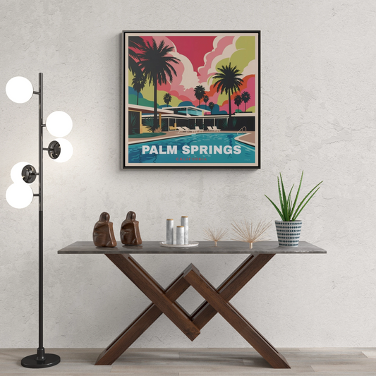 Palm Springs Canvas, Mid Century Modern Art, Hipster Wall Decor, Retro Travel Poster, Square Framed Print, Vintage Vibe, Desert, California