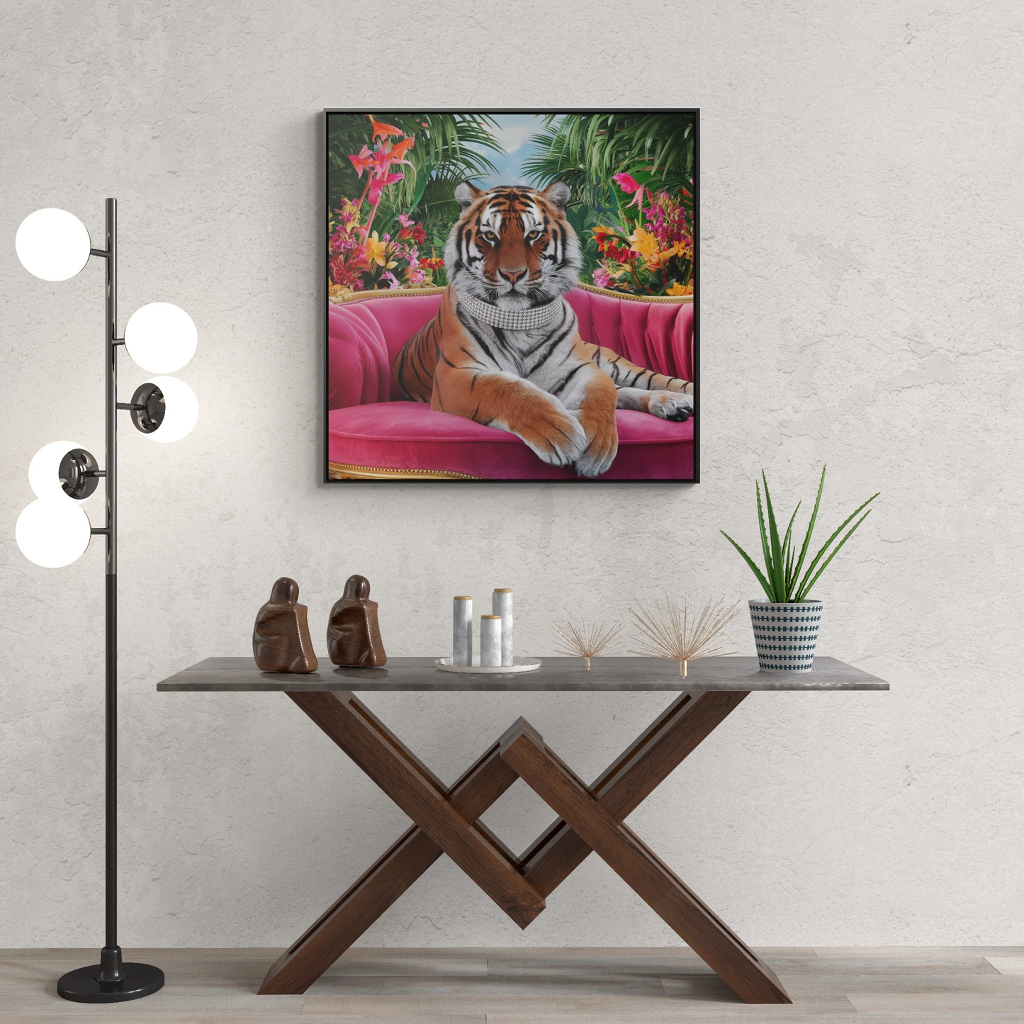 Tiger Square Canvas Wrap Wall Art, Majestic Tropical Flowers Regal Nature Home Decor, Pink Velvet Couch Animal Print, Jungle Theme Room