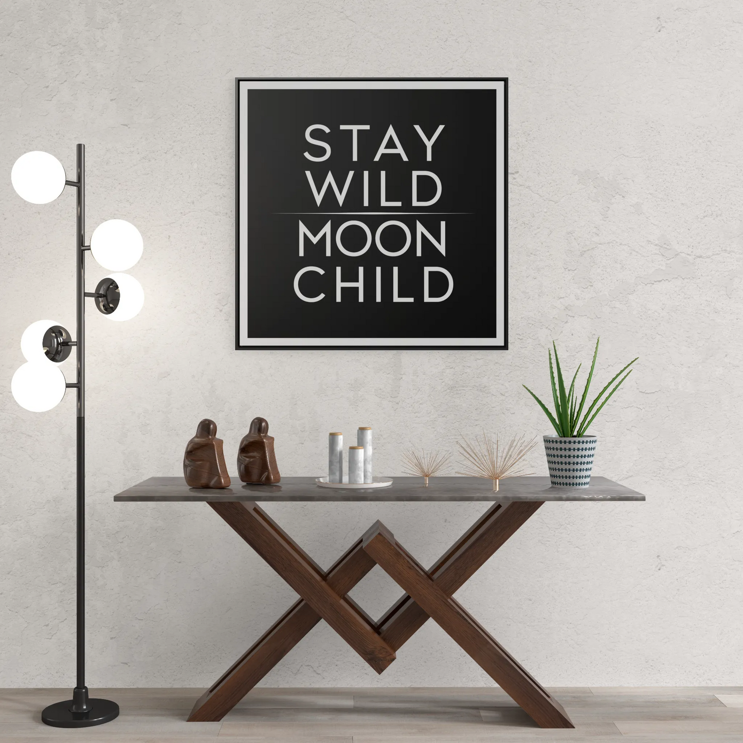 Square Frame Canvas Wall Art, Stay Wild Moon Child Typography Print, Black and White Home Decor, Gallery Canvas Wraps, Boho Wall Hanging,