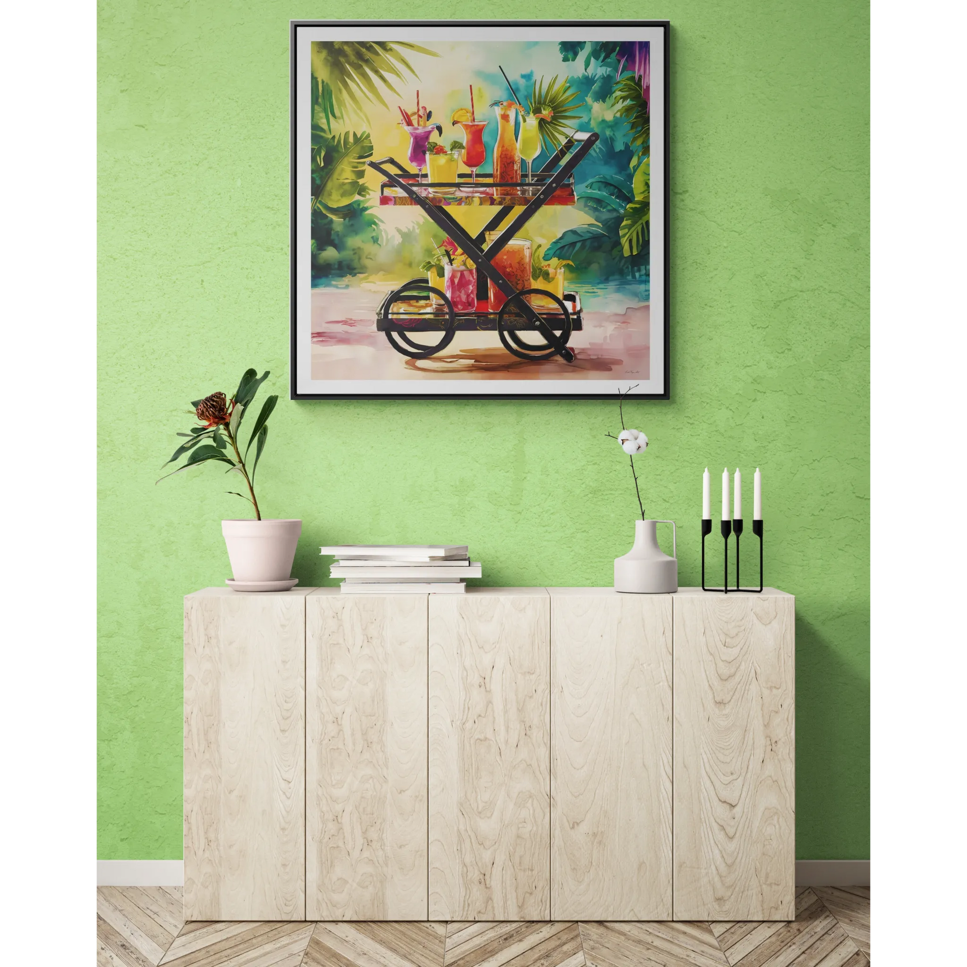 Canvas Wall Art, Tropical Bar Cart Drinks, Square Framed Decor, Fun Party Home Decoration, Colorful Cocktails Print - LOLA VEGAS ART