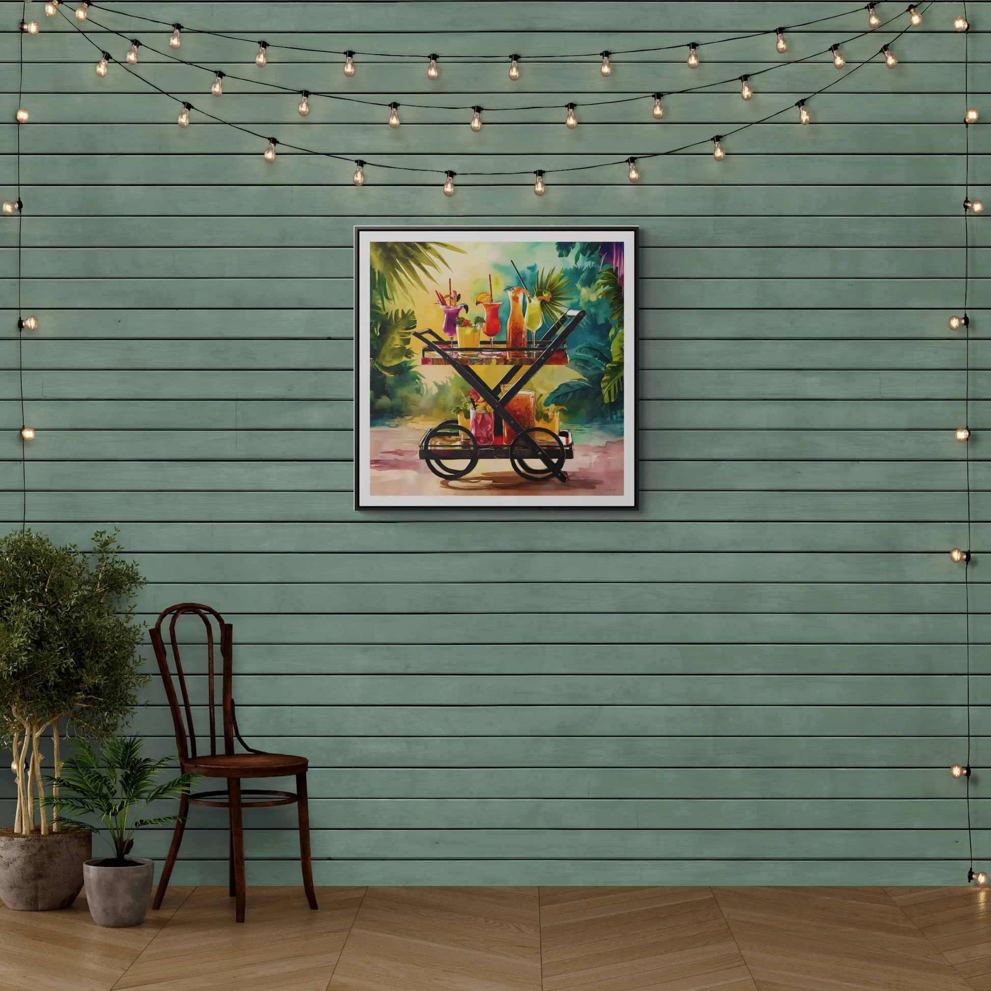 Canvas Wall Art, Tropical Bar Cart Drinks, Square Framed Decor, Fun Party Home Decoration, Colorful Cocktails Print - LOLA VEGAS ART