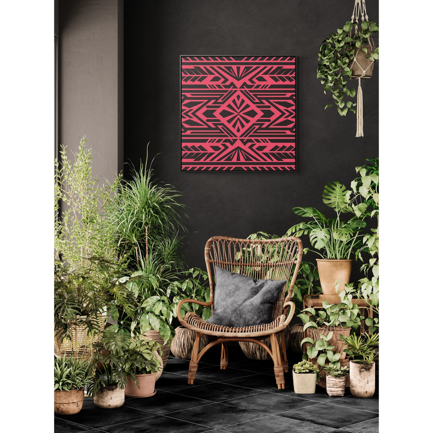 Square Canvas Wall Art, Black Tribal Boho Southwest Design, Pink Red Background, Square Frame, Gallery Decor, Home Decoration, Southwestern