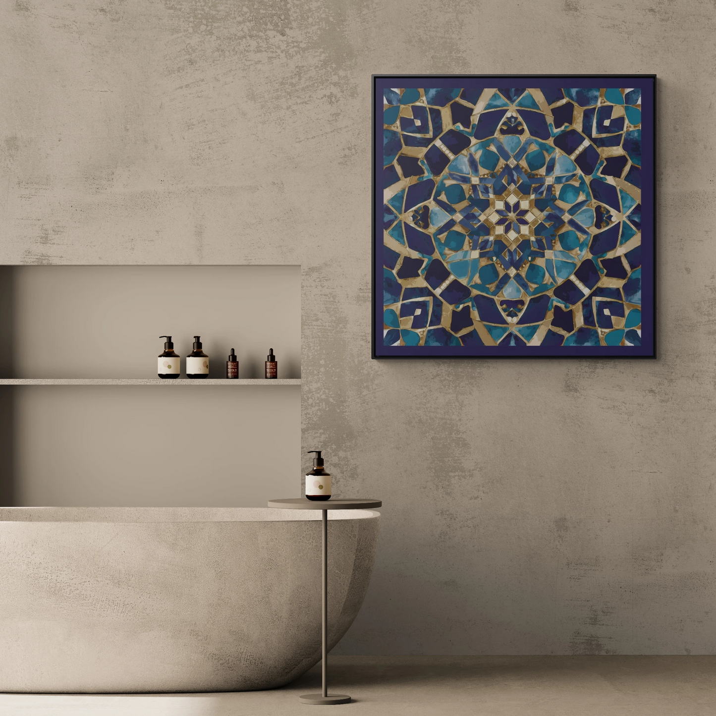 Moroccan Mosaic Canvas Wrap, Ethnic Square Frame Wall Art Painting - Blue and Tan Boho Home Decor, Gallery Artwork, Framed Picture, Living