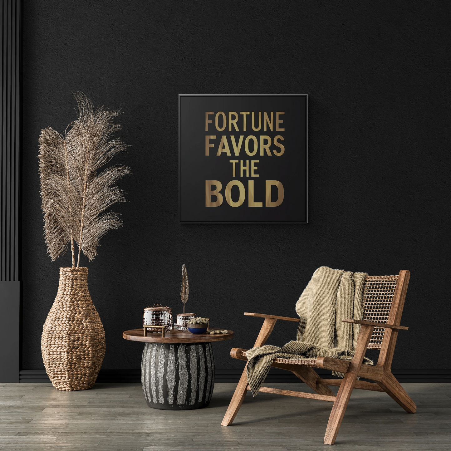 Inspirational Canvas Wall Art, Quote Fortune Favors The Bold, Black Square Frame, Ambitious Decor, Motivational Home Accent, Success Decor