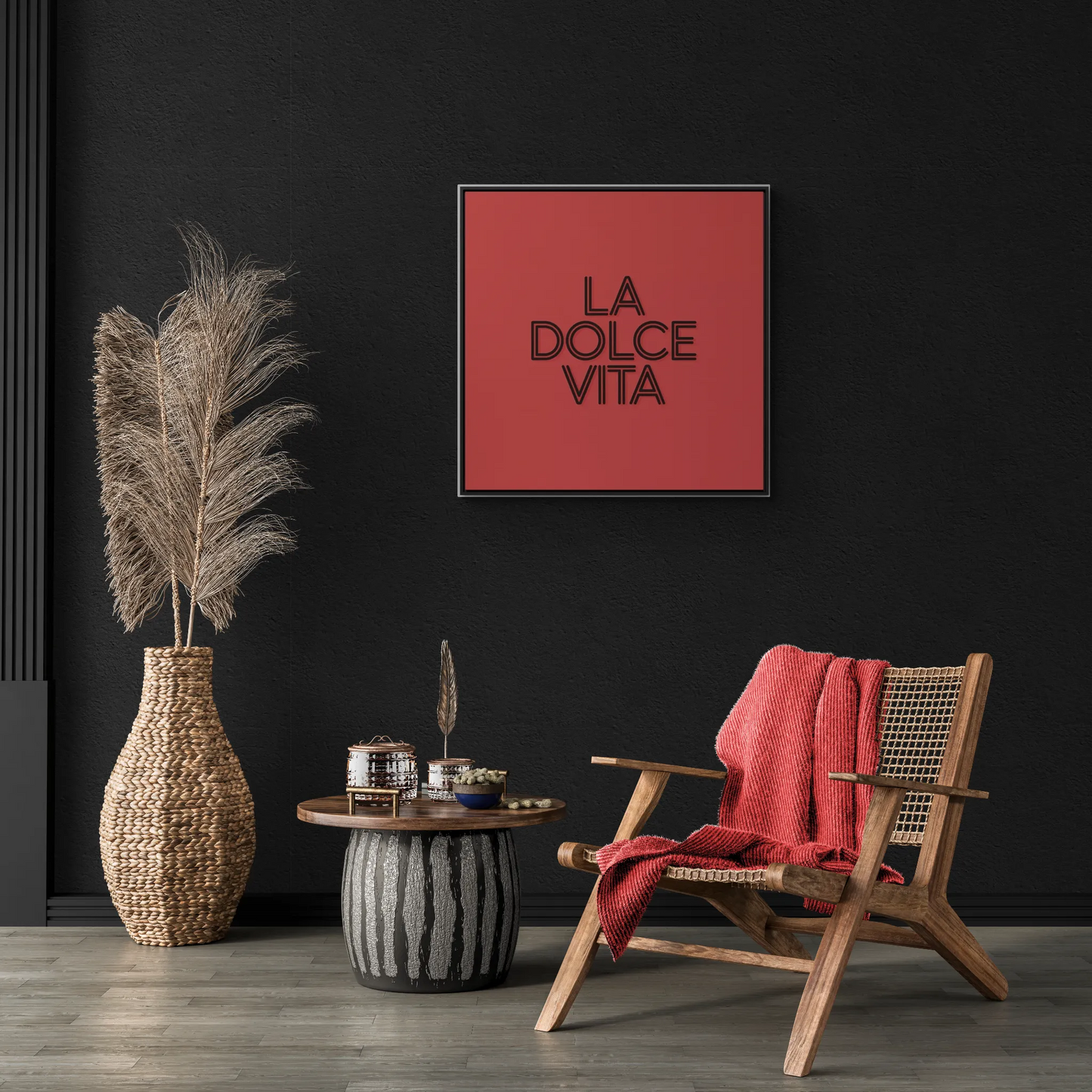 Square Frame Wall Art, LA DOLCE VITA Typography Canvas, Orange and Black, Cool Home Decor, Gallery Canvas Wrap, Home Office Decor, Unique