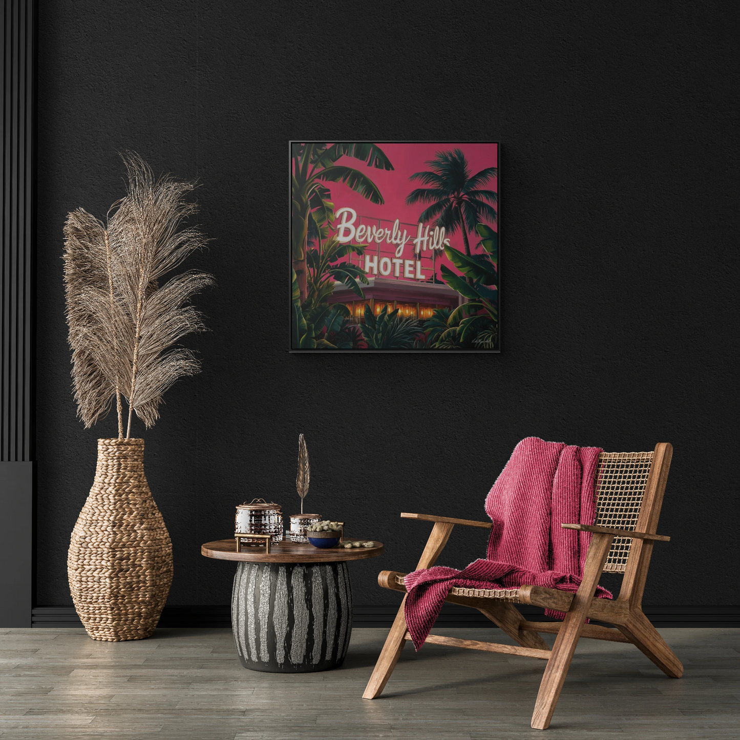 Square Frame Wall Art, Beverly Hills Hotel Retro Sign with Pink Sky and Palm Trees, Canvas Wrap, Home Decor, Gift for Her, Room Decoration