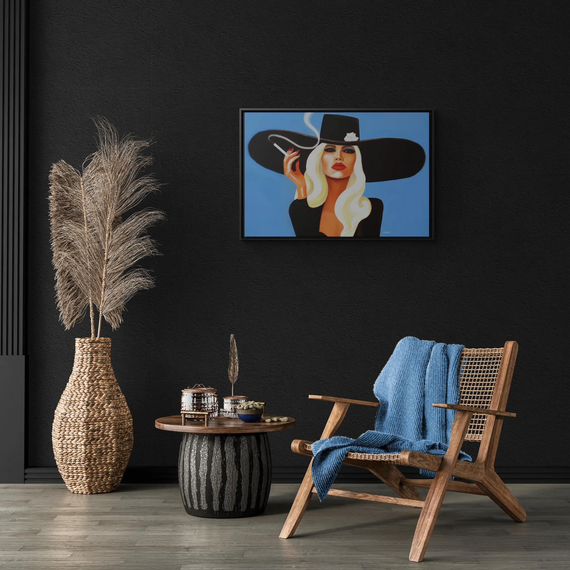 glamorous blonde woman smoking a cigarette in a big black hat framed canvas wall art, wall art living room framed, woman decor, portrait - LOLA VEGAS ART