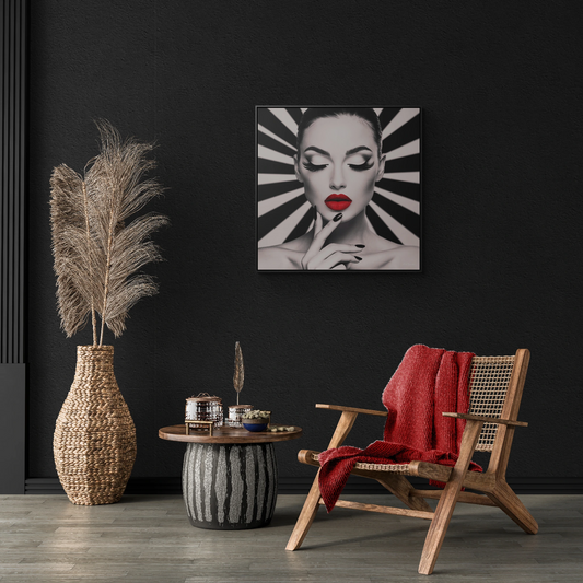 Fashionista Square Frame Canvas Wall Art, Hypnotic Woman Red Lipstick Fine Art Print, Dramatic Glam Decor, Gallery Canvas Wraps, Square