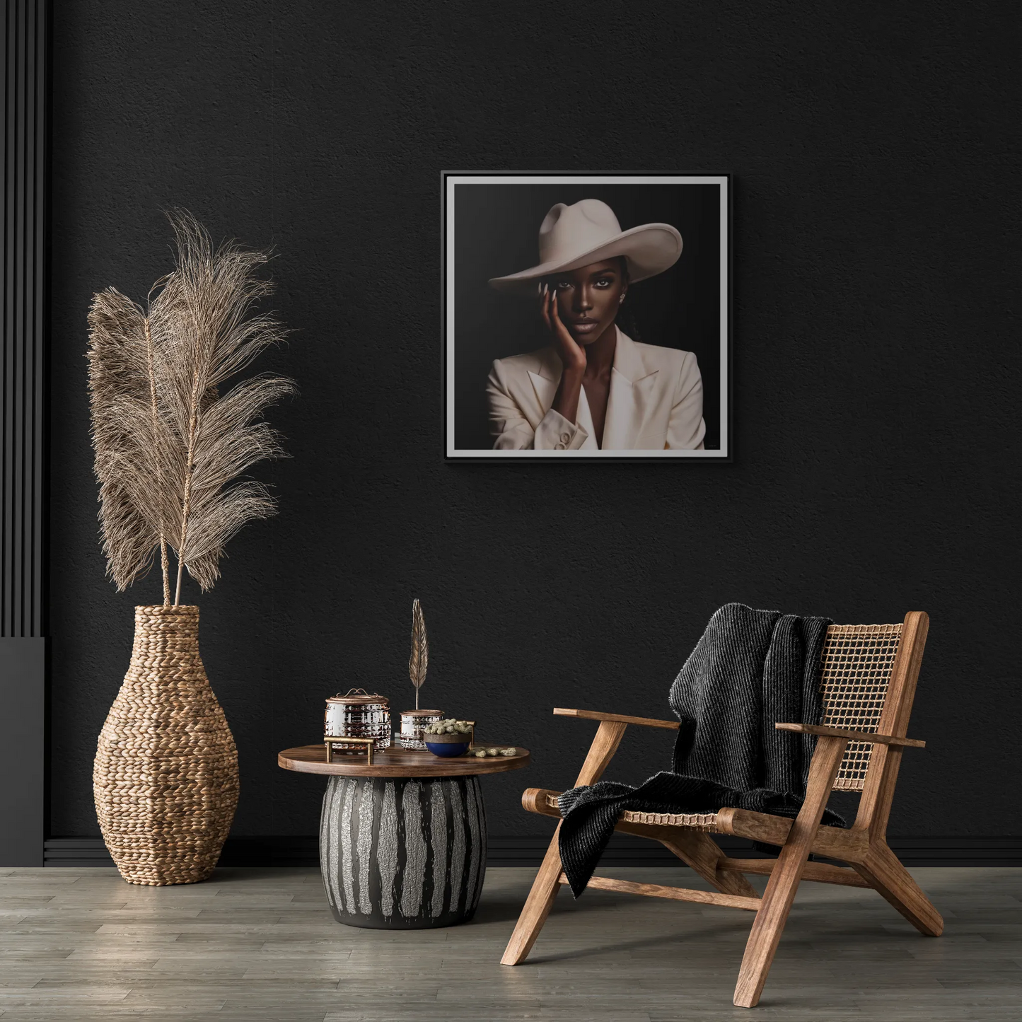 Canvas Wall Art - African Woman in White Hat Square Frame, Black Girl Magic Decor