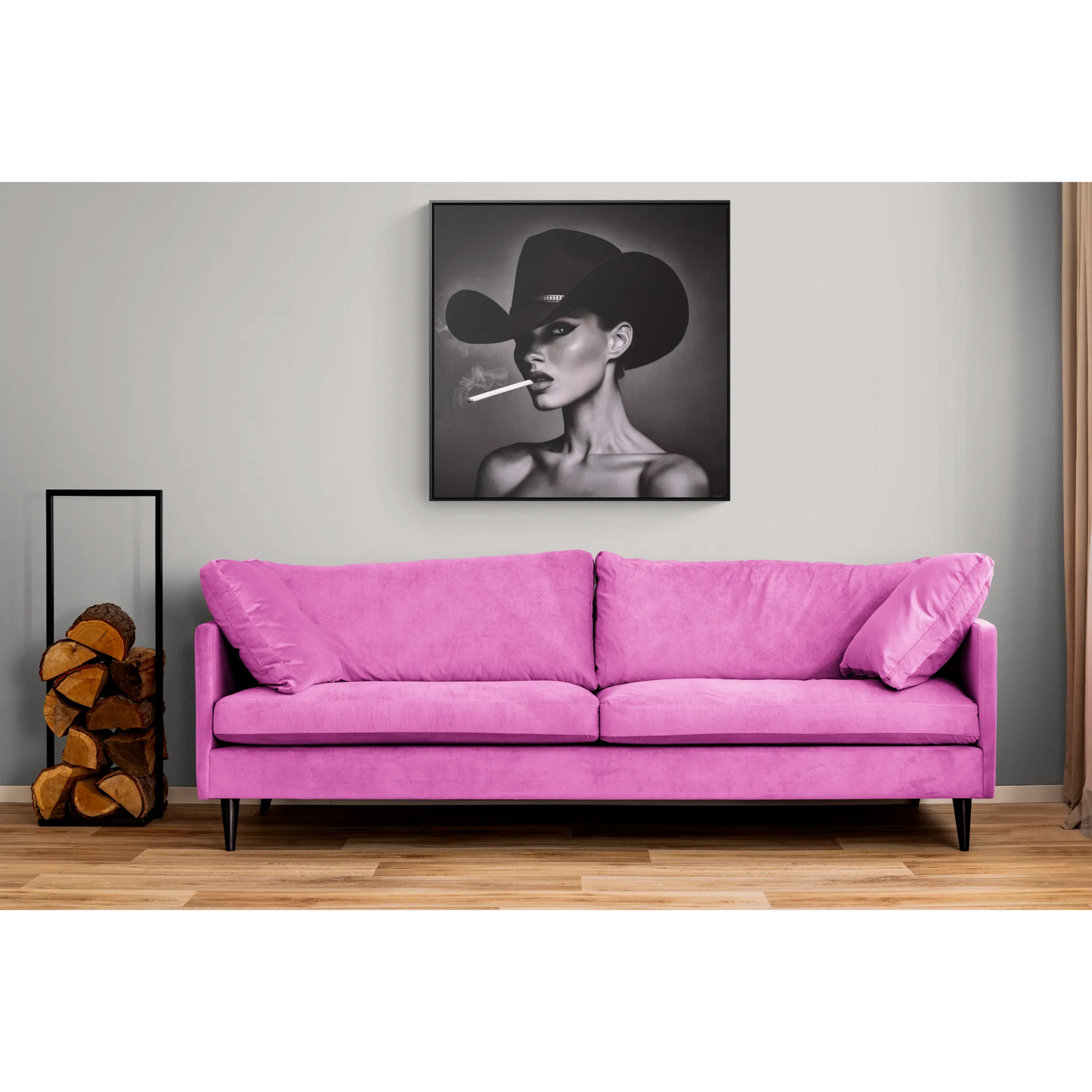 Square Frame Canvas Wall Art, Fashionista Home Decor, Black and White Fine Art Photography, Gorgeous Woman with Freckles, Cowboy Hat,