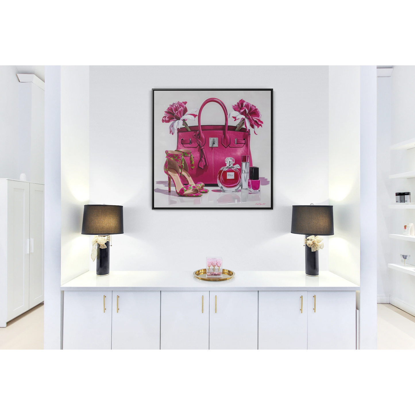 Fashion Square Canvas Wall Art, Pink Designer Handbag Heels Perfume Glam Painting, Gallery Wraps, Fashionista  Room Decor,