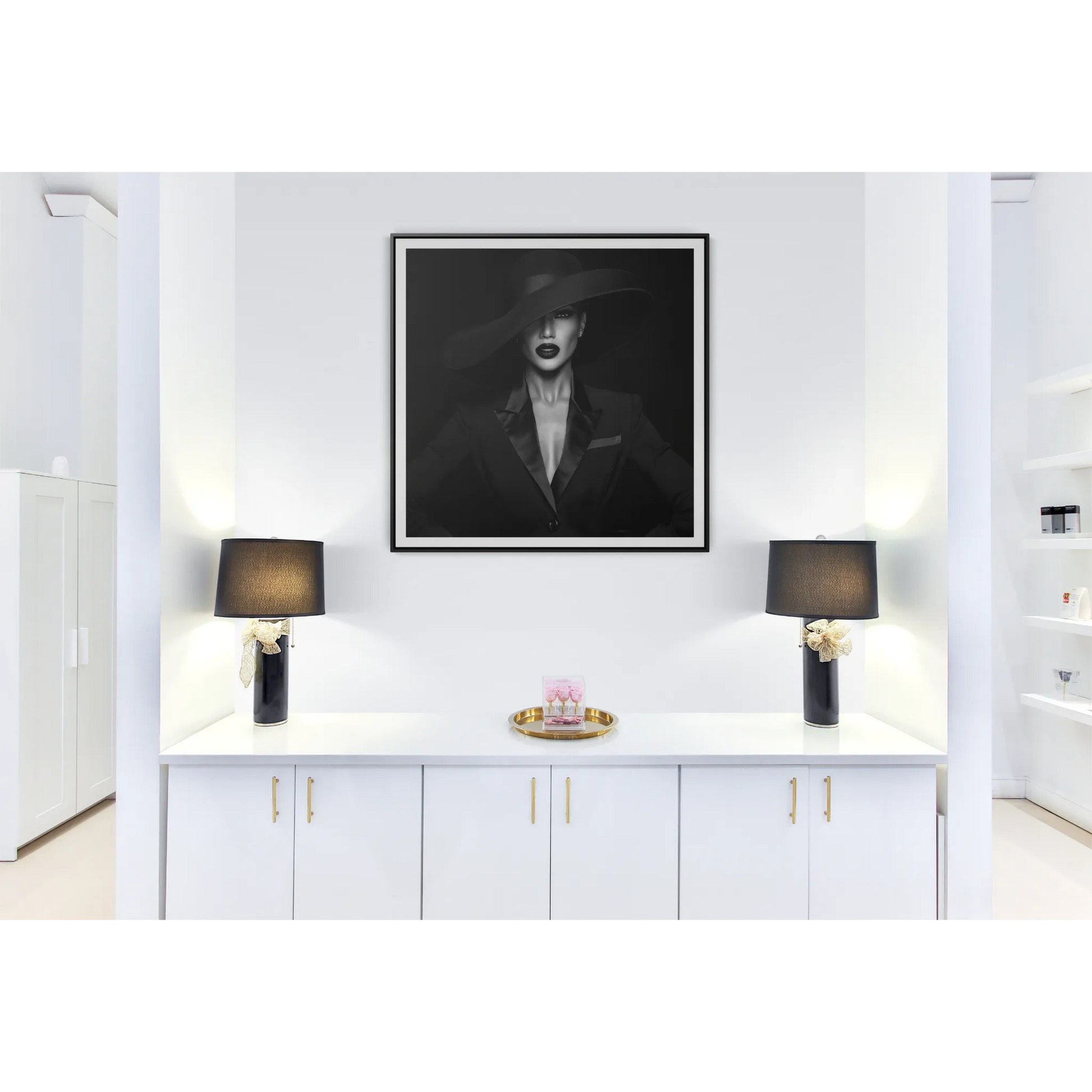 Canvas Wall Art Fashionista, Square Frame Glamorous Woman in Suit Decor, Black and White Dramatic Fedoras, Gallery Wraps, Home Office Decor, - LOLA VEGAS ART