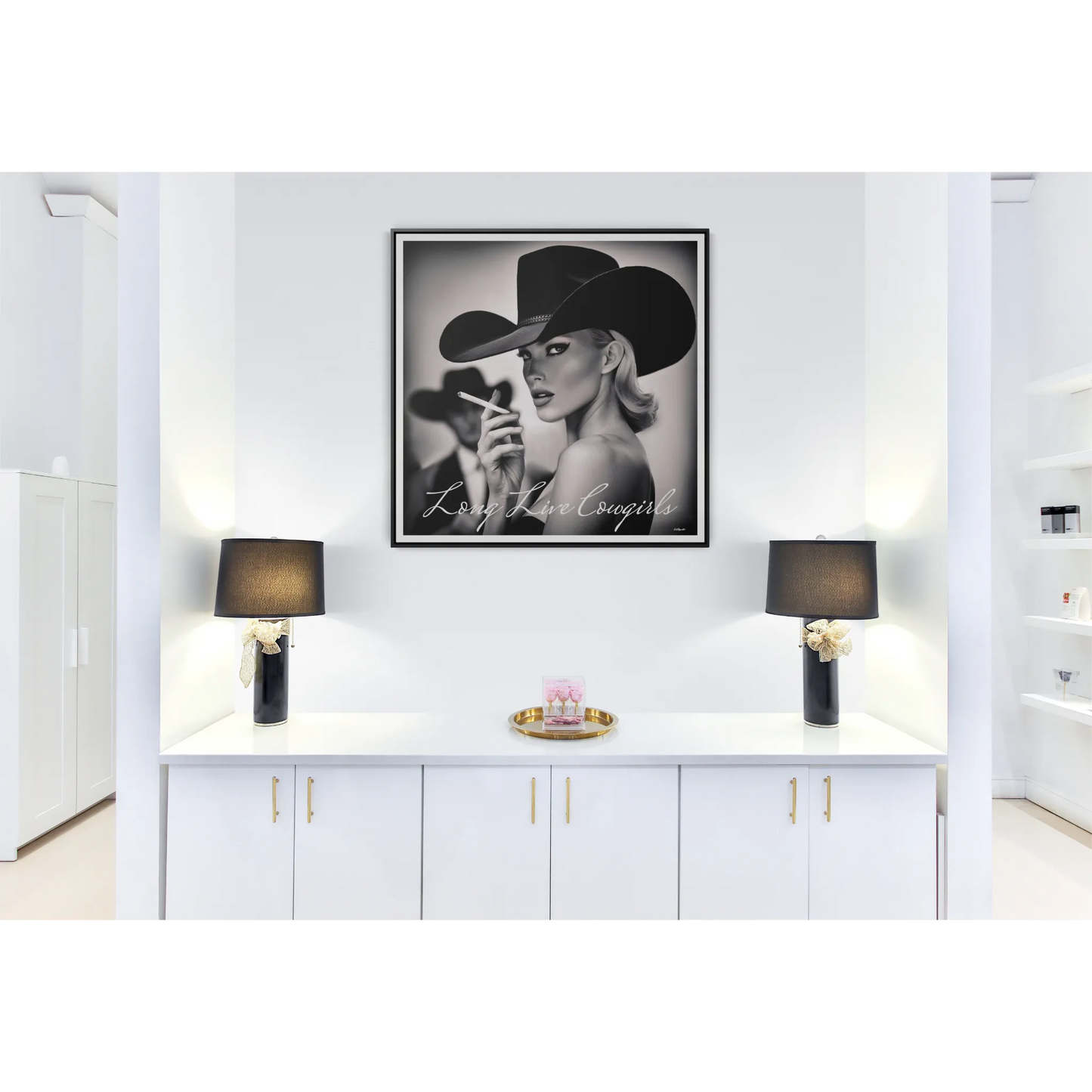 Square Frame Wall Art, Fashion Photography, Cowgirl Decor, Gallery Canvas Wraps, Glam Girl Gift, Black and White Photo Print