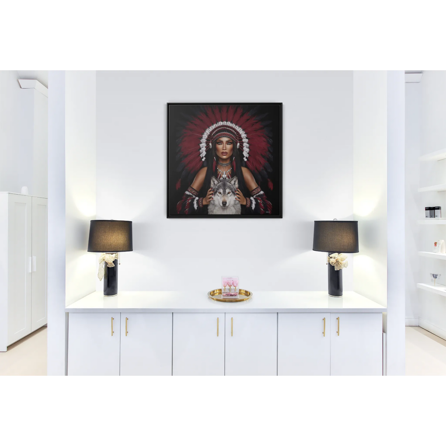 Canvas Wall Art, Native American Woman with White Wolf, Southwestern Home Decor, Square Framed Print, Multi-color, Burgundy Black Feather