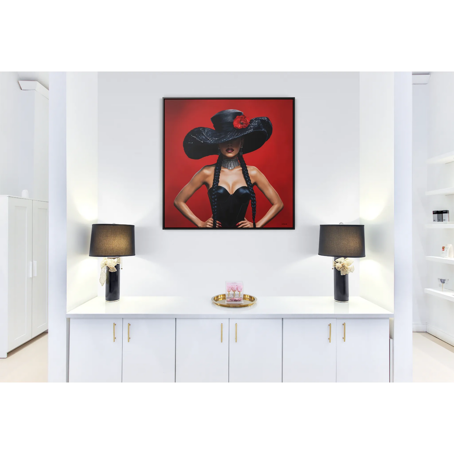 Square Canvas Wall Art, Latina Woman Black Hat Red Flower, Feminine Home Decor, Eclectic Art, Gallery Canvas Wrap, Square Frame