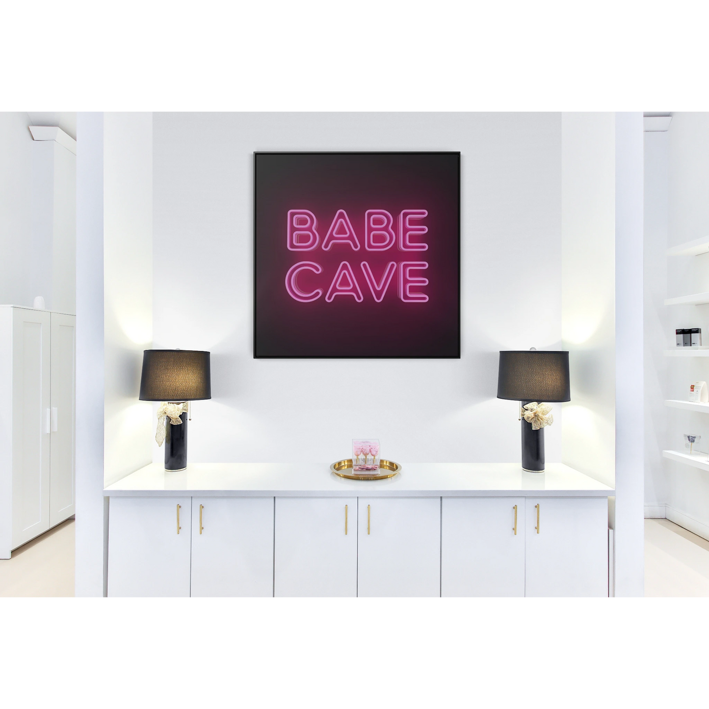 Canvas Wall Art Babe Cave, Feminine Pink Neon Typography Square Framed Decor, Square Frame Wall Hanging, Trendy Gallery Canvas Print, Home