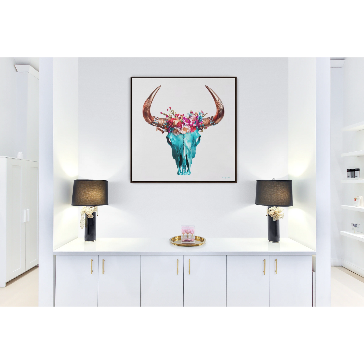 Boho Turquoise Skull Head Square Frame Gallery Canvas Wrap Wall Art, Eclectic Native American Chic, Hippie Floral Horns Decor, Southwest