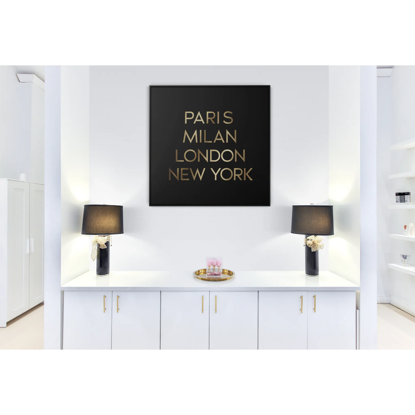 Fashion Cities Gallery Canvas Wall Art, Black Typography Square Frame, Paris Milan London New York, Home Decor