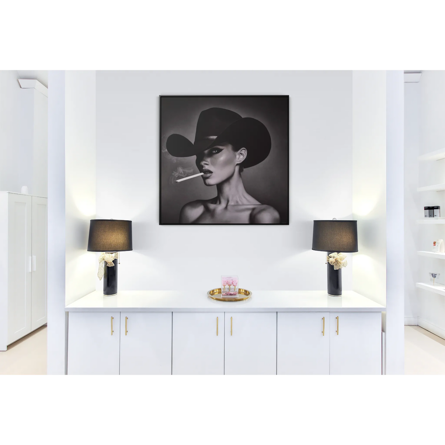 Square Frame Canvas Wall Art, Fashionista Home Decor, Black and White Fine Art Photography, Gorgeous Woman with Freckles, Cowboy Hat,