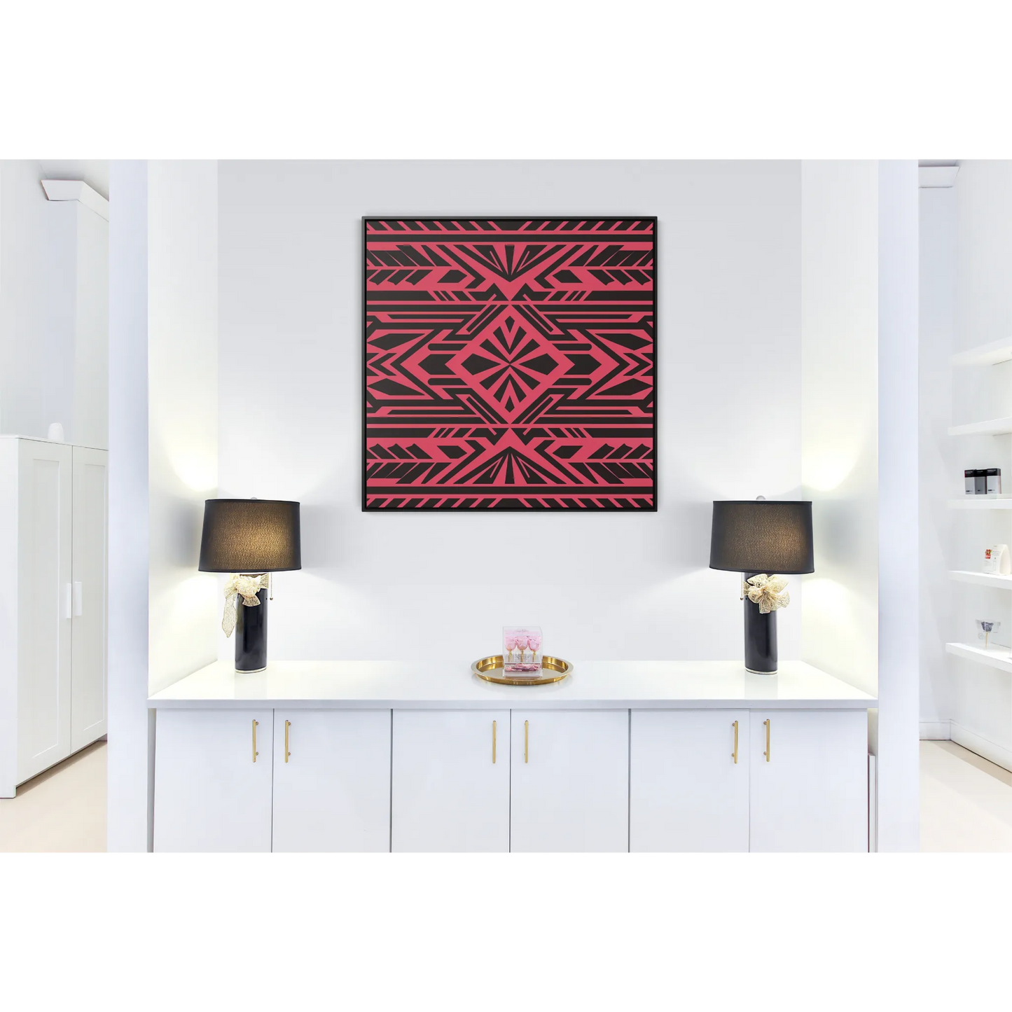 Square Canvas Wall Art, Black Tribal Boho Southwest Design, Pink Red Background, Square Frame, Gallery Decor, Home Decoration, Southwestern