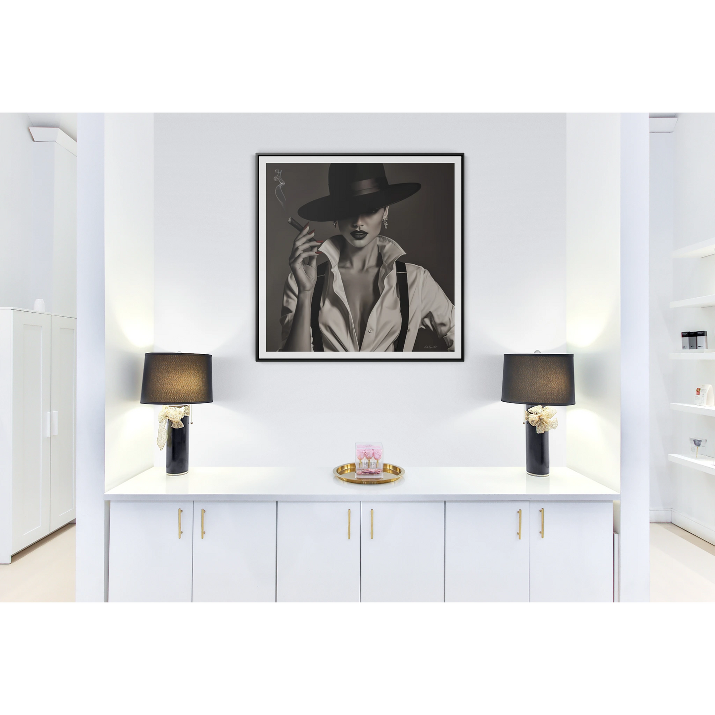 Film Noir Woman Canvas Art, Square Frame, Sexy Black White Femme Fatale Fedora Hat Cigar, Wall Hanging Poster Print, Home Decor Gift,