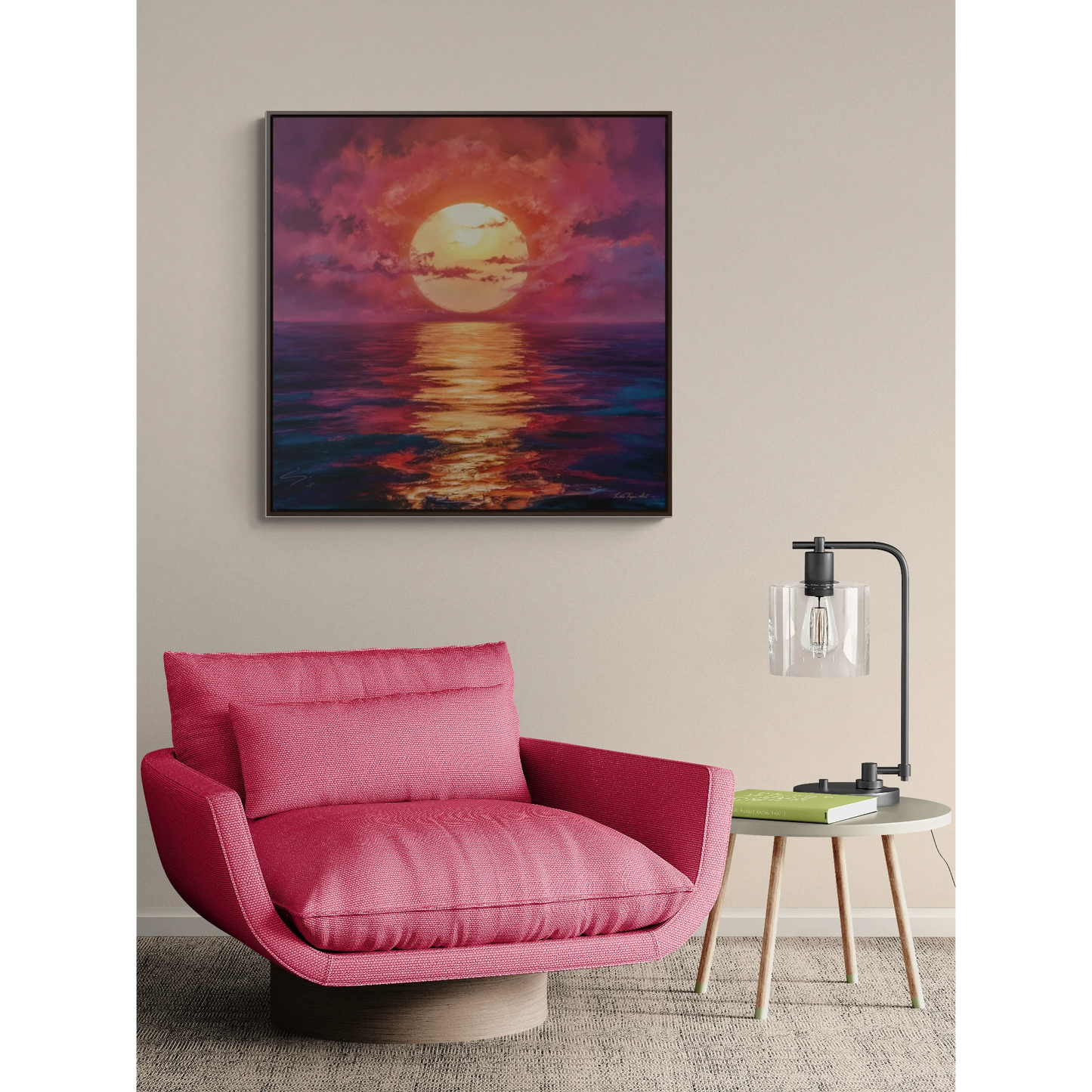 Canvas Wall Art, Moonlight Pink Orange Sky Square Frame Serenity Calmness Decor, Ocean Gallery Wrap, Home Office Decor, Beach House Gift,