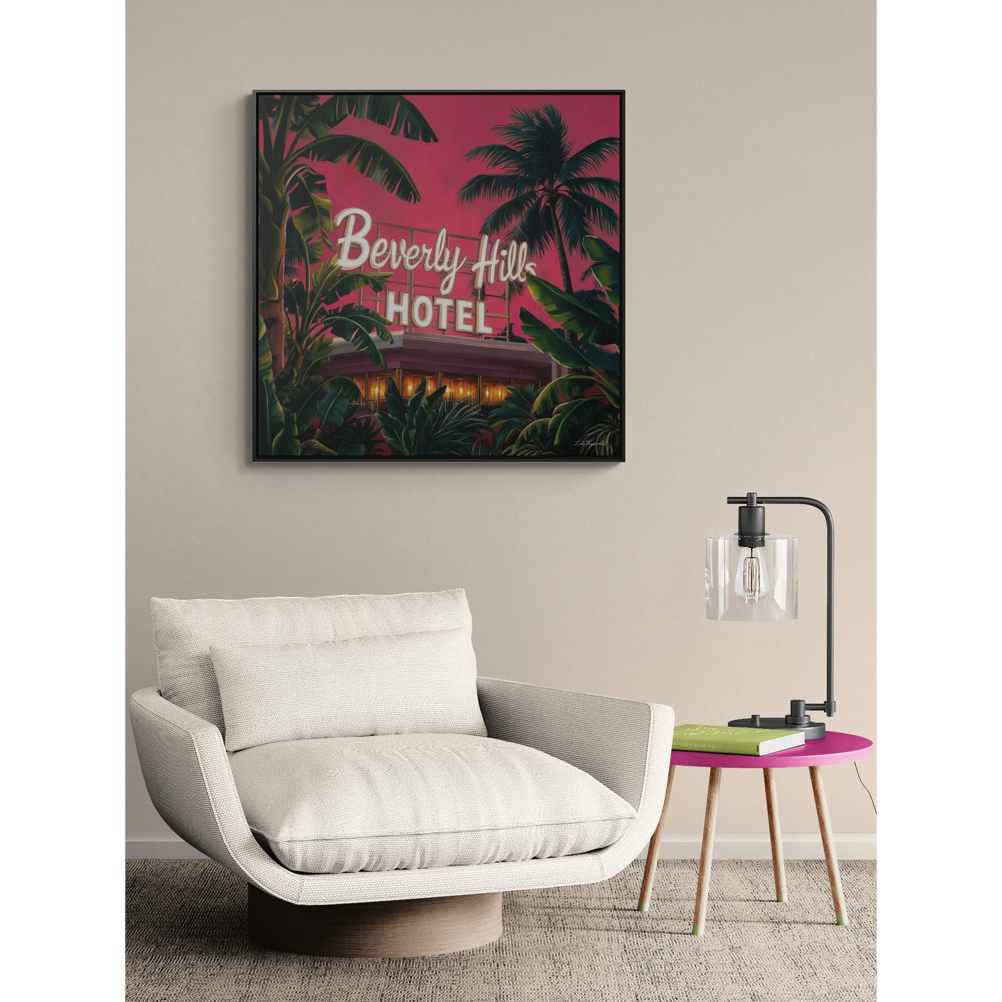 Square Frame Wall Art, Beverly Hills Hotel Retro Sign with Pink Sky and Palm Trees, Canvas Wrap, Home Decor, Gift for Her, Room Decoration