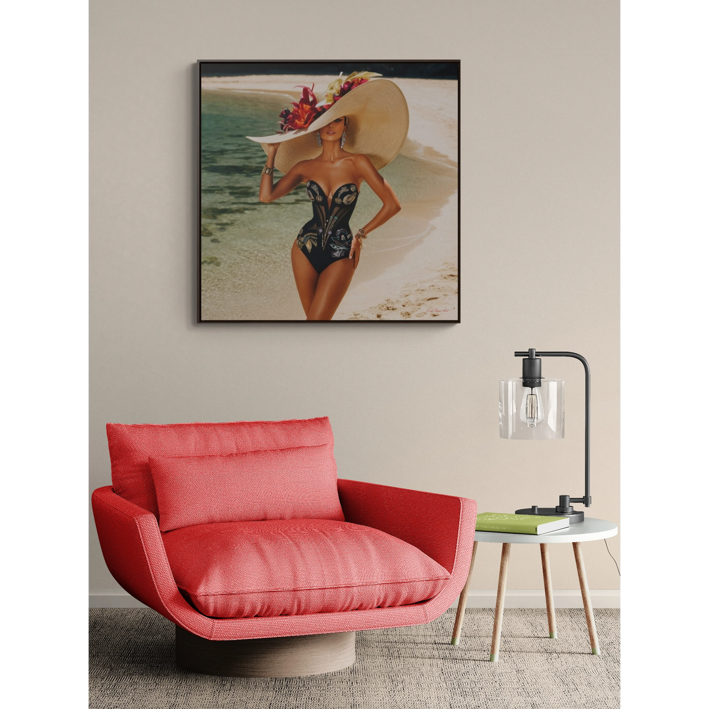 Square Frame Canvas Wall Art, Exotic Woman on Beach in Swimsuit, Retro Glamorous Decor, Gallery Prints, Sunhat Photography, Fine Art Home