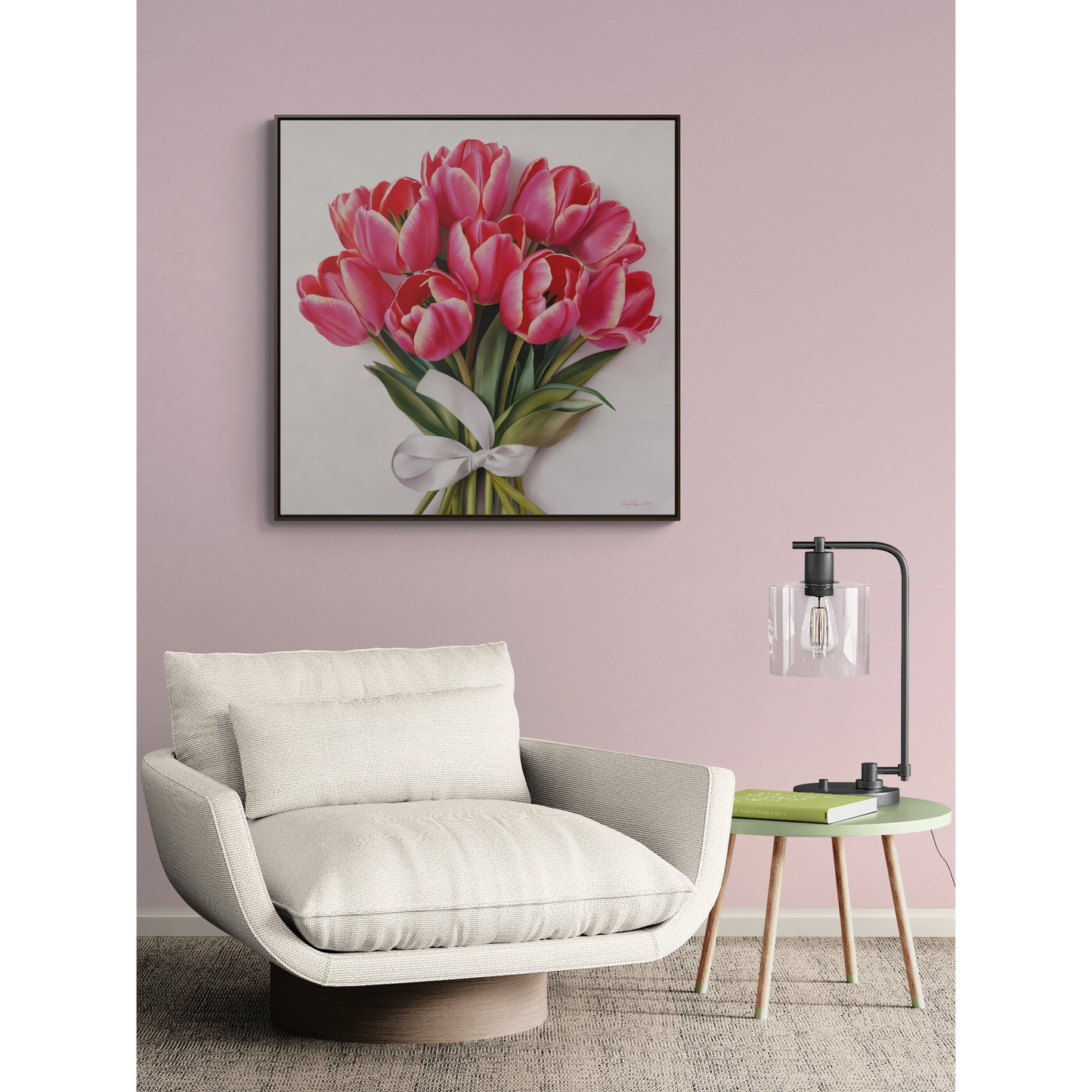 Square Frame Canvas Wall Art, Feminine Pink Tulips Bouquet Gallery Wrap, Home Decor Gift, Floral Print, Living Room Decoration