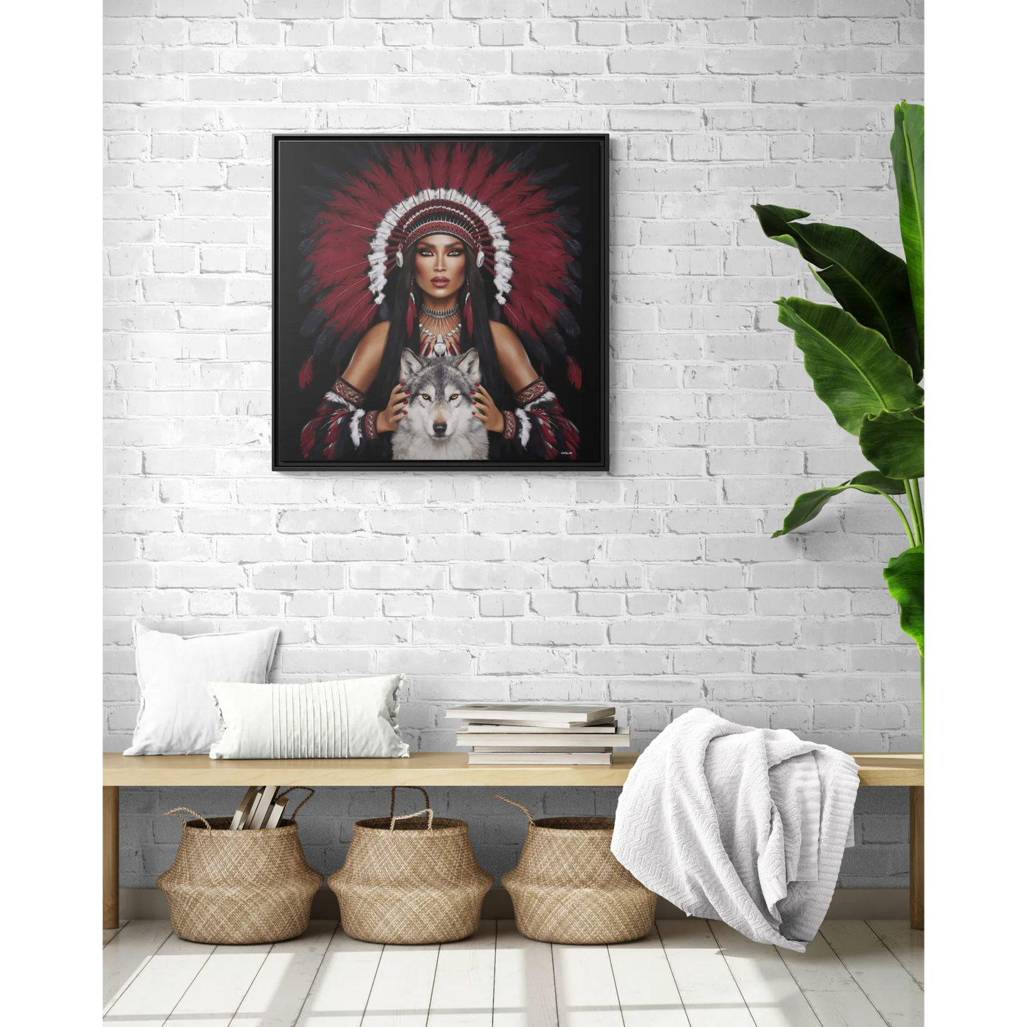 Canvas Wall Art, Native American Woman with White Wolf, Southwestern Home Decor, Square Framed Print, Multi-color, Burgundy Black Feather