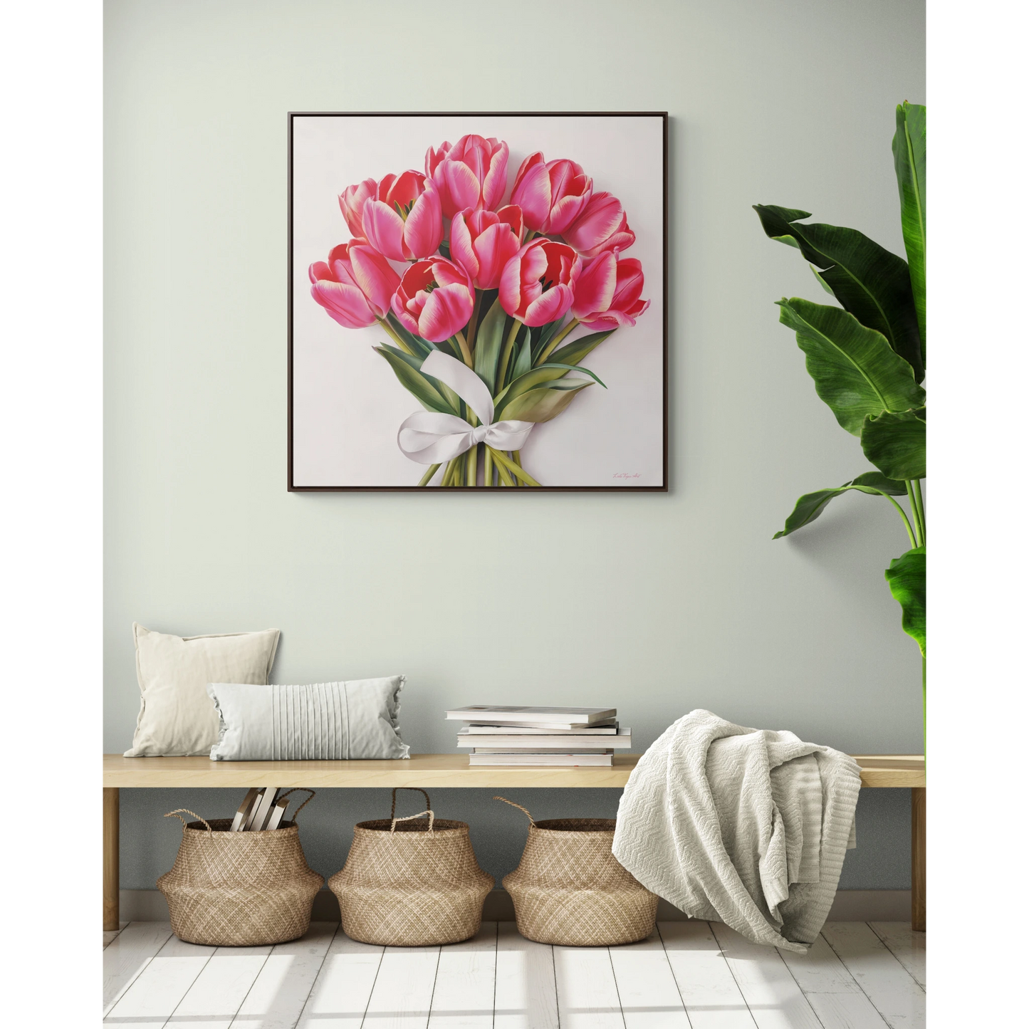 Square Frame Canvas Wall Art, Feminine Pink Tulips Bouquet Gallery Wrap, Home Decor Gift, Floral Print, Living Room Decoration