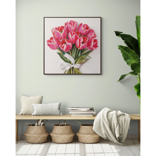 Square Frame Canvas Wall Art, Feminine Pink Tulips Bouquet Gallery Wrap, Home Decor Gift, Floral Print, Living Room Decoration