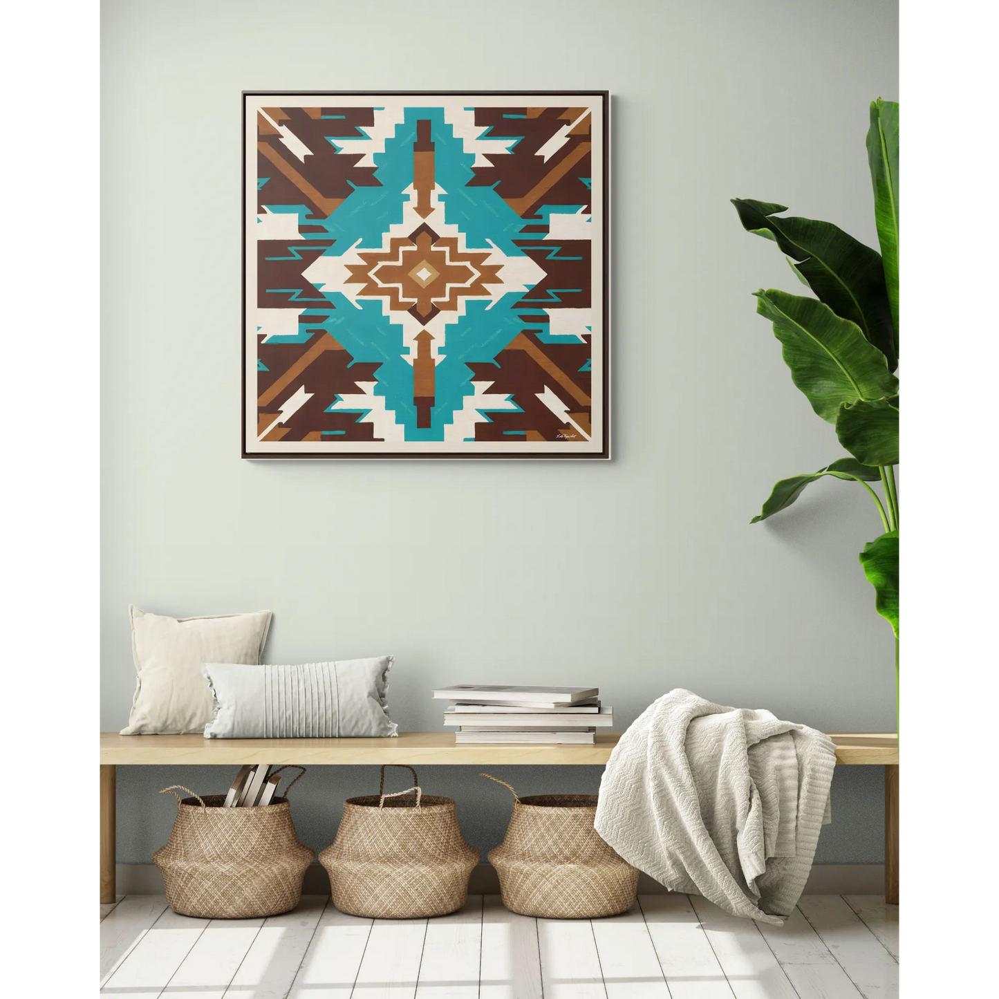 Framed Canvas Art, Native American Boho Wall Decor, Ethnic Home Decoration, Square Frame, Gallery Canvas, Turquoise and Brown Design