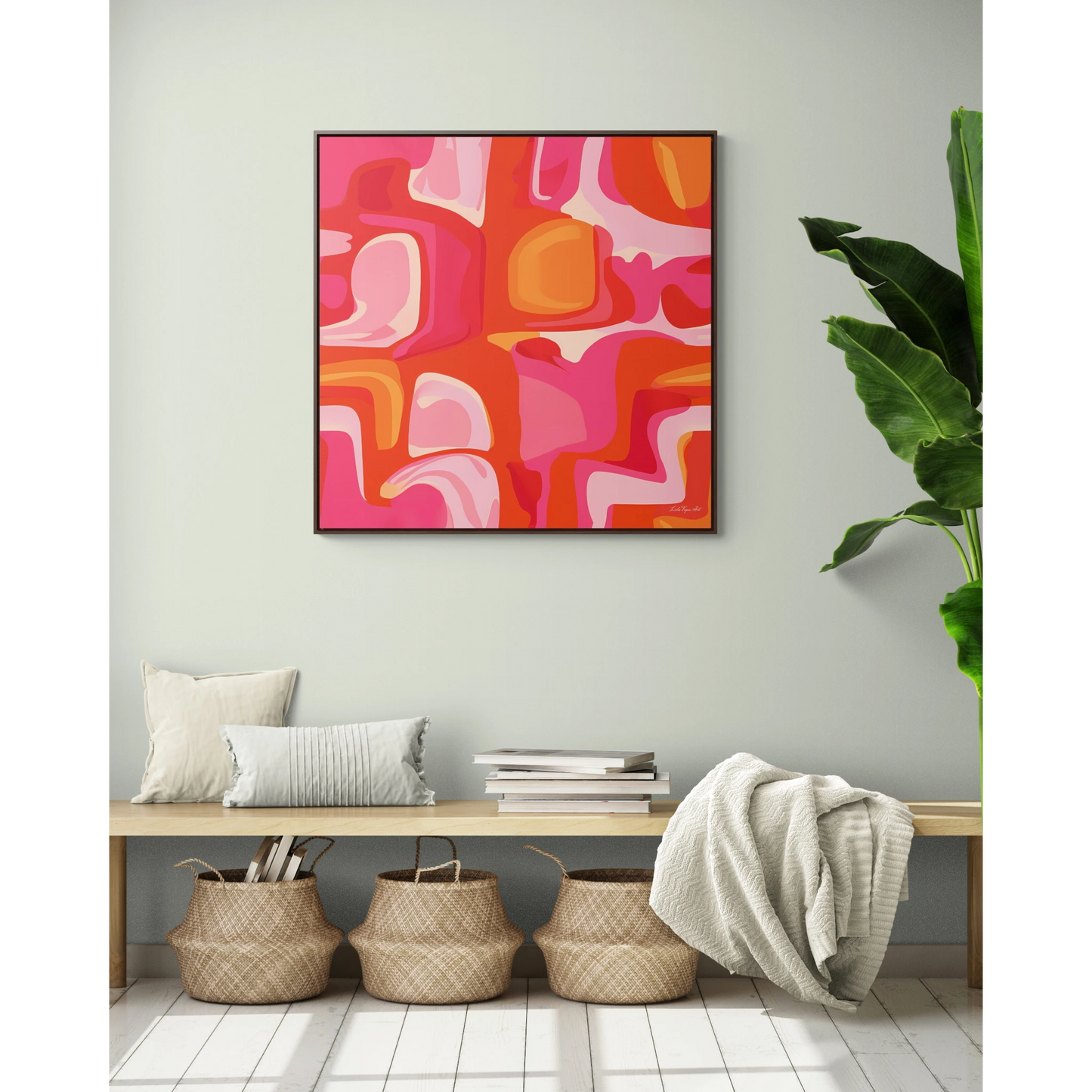 Canvas Wall Art, Pink and Orange Abstract Design, Psychedelic Square Frame Decor, 1960's Vibe Print, Square Gallery Canvas, Home Decor, Wall