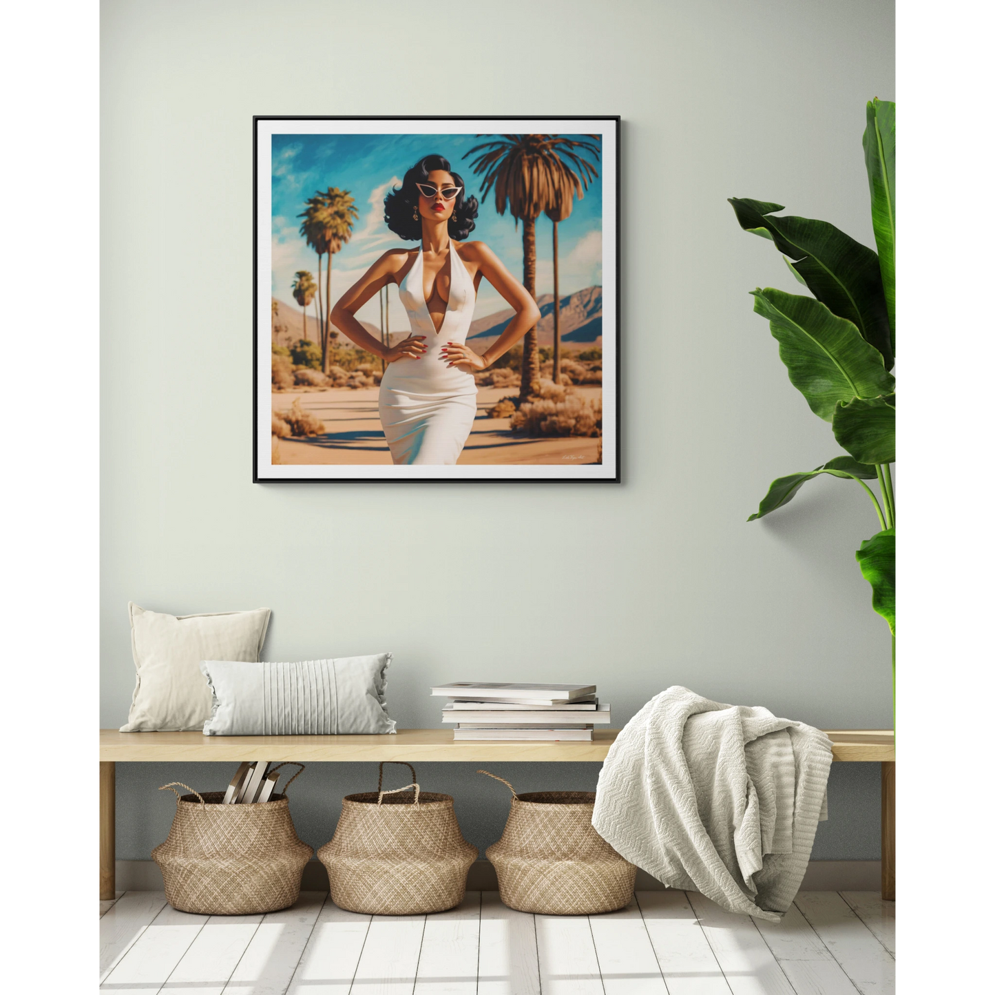 Square Frame Canvas Wall Art, Retro Glamorous Woman in Palm Springs Desert, Square Frame Wall Decor, Gallery Canvas Wraps, Palm Trees Art