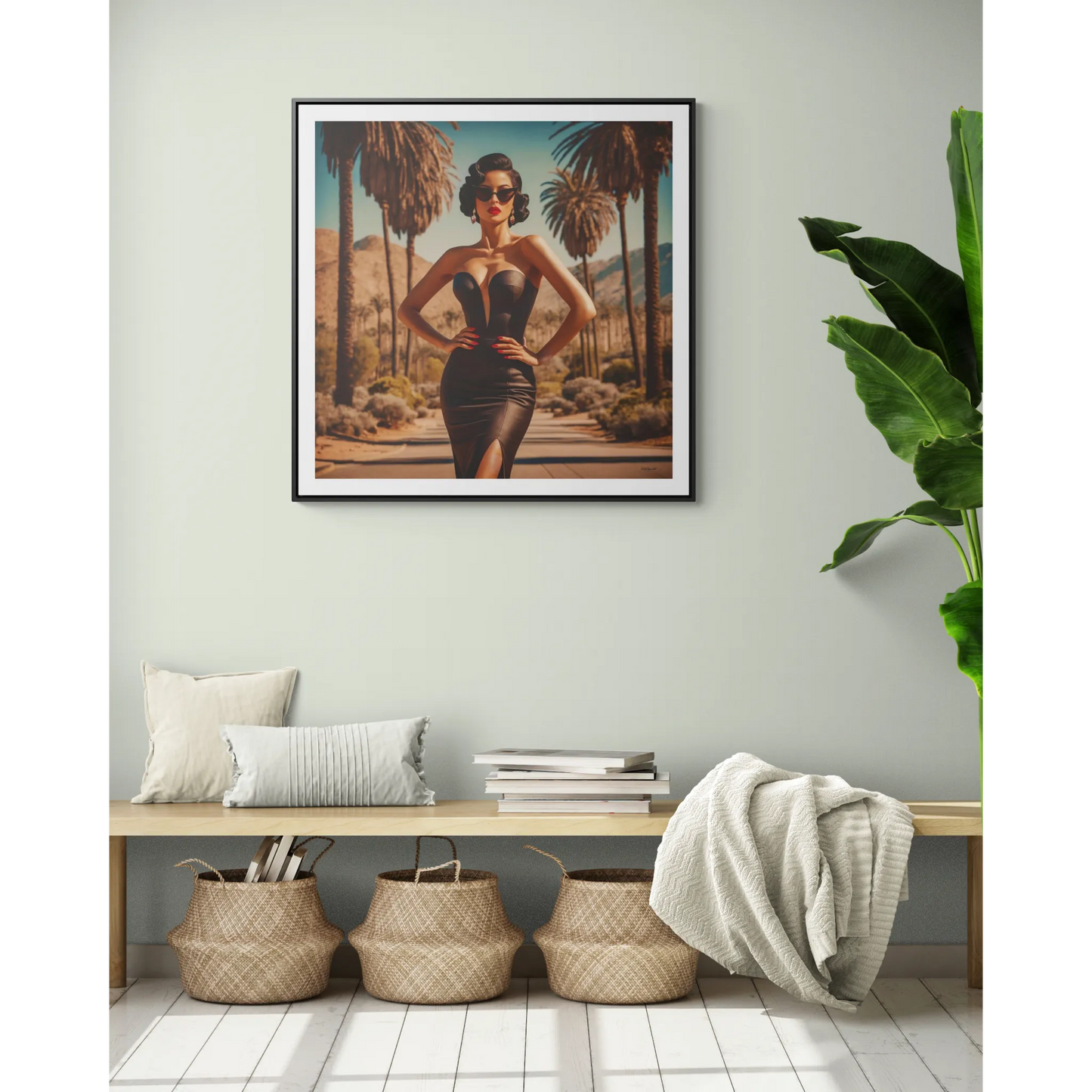 Canvas Wall Art, Glamorous Retro Woman in Palm Springs Square Frame, Fashion Glam Home Decor, Wall Hanging, Gift for Her, Home Office Decor,