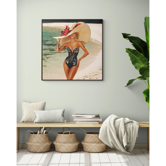 Square Frame Canvas Wall Art, Exotic Woman on Beach in Swimsuit, Retro Glamorous Decor, Gallery Prints, Sunhat Photography, Fine Art Home