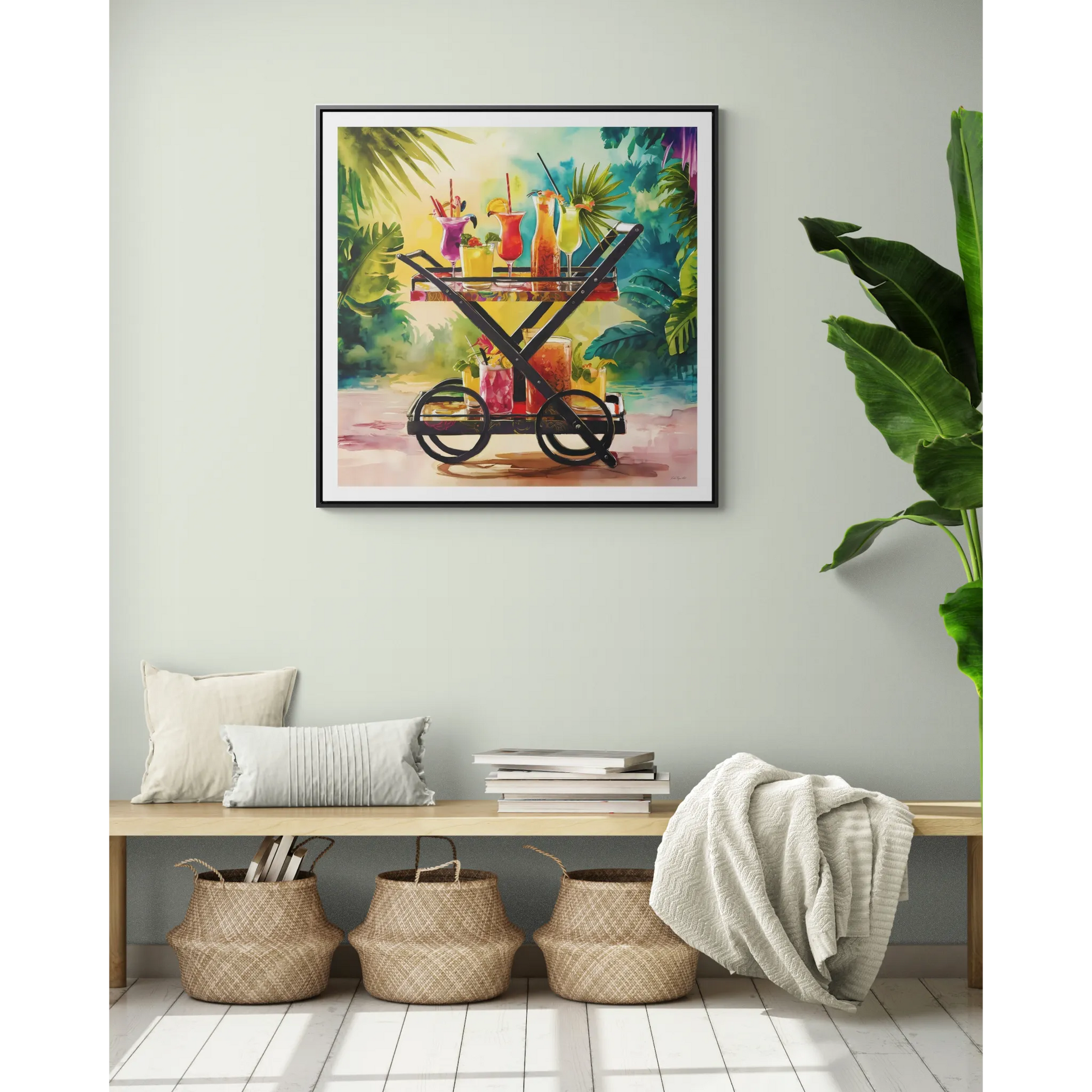 Canvas Wall Art, Tropical Bar Cart Drinks, Square Framed Decor, Fun Party Home Decoration, Colorful Cocktails Print - LOLA VEGAS ART
