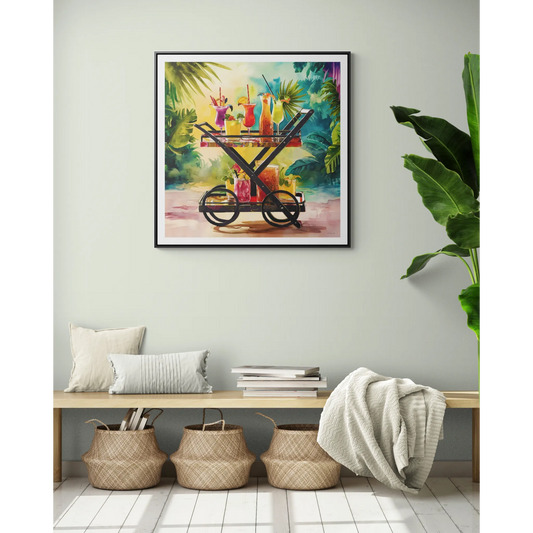 Canvas Wall Art, Tropical Bar Cart Drinks, Square Framed Decor, Fun Party Home Decoration, Colorful Cocktails Print