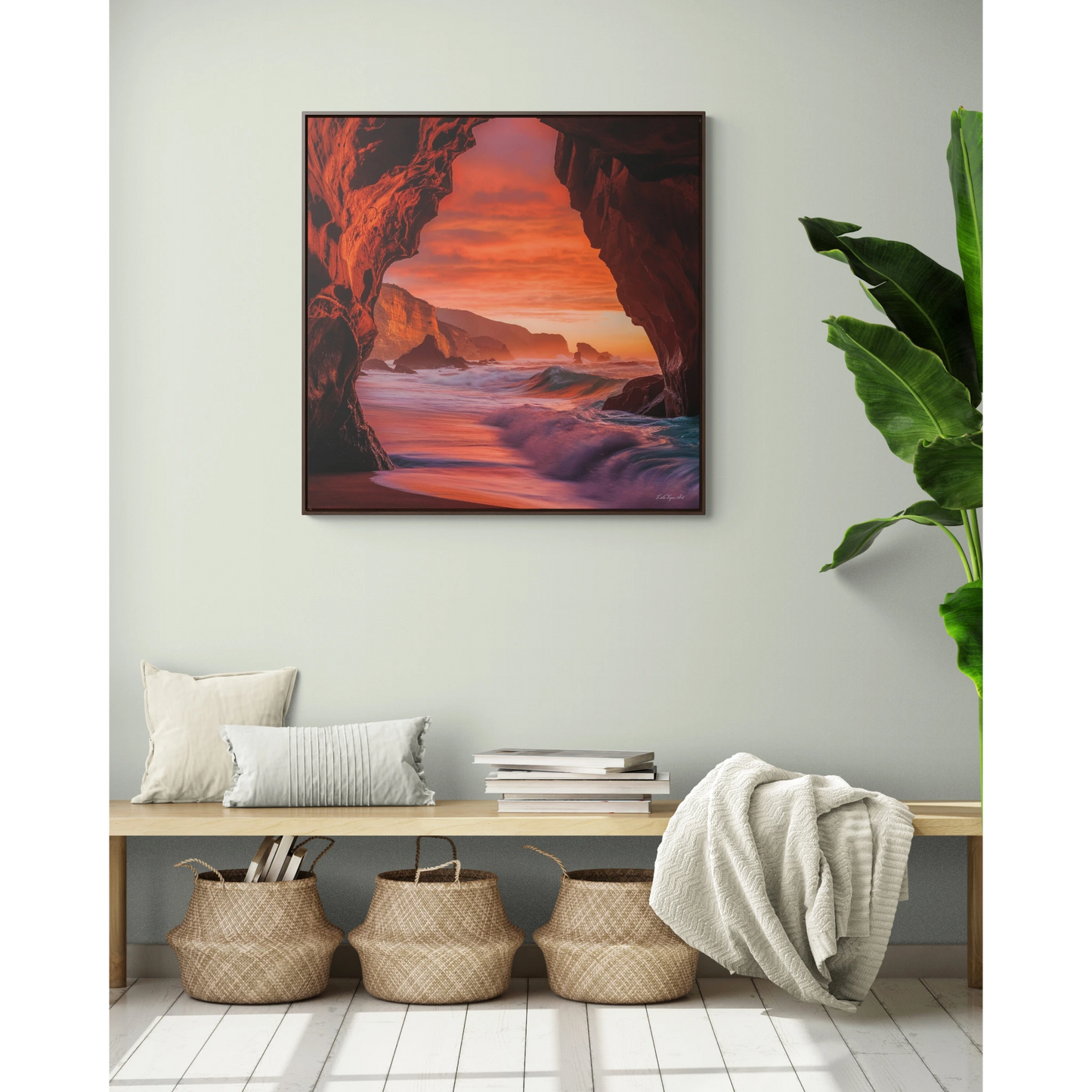 Ocean Beach Sunset Square Framed Canvas Wall Art, Coastal Gallery Canvas Wraps, Square Frame Decor, Beach Cave View Art Print Gift, Home