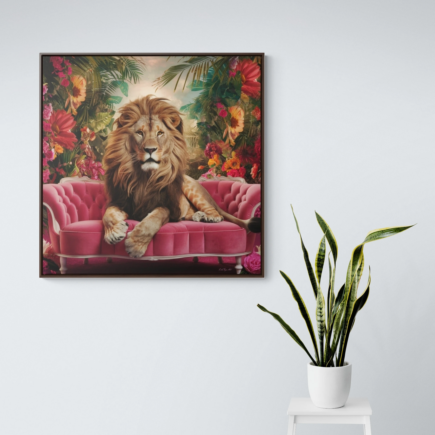 Lion King Square Canvas Wall Art, Majestic Regal Lion with Beautiful Mane on Pink Velvet Couch, Tropical Flowers, Framed Gallery Prints,