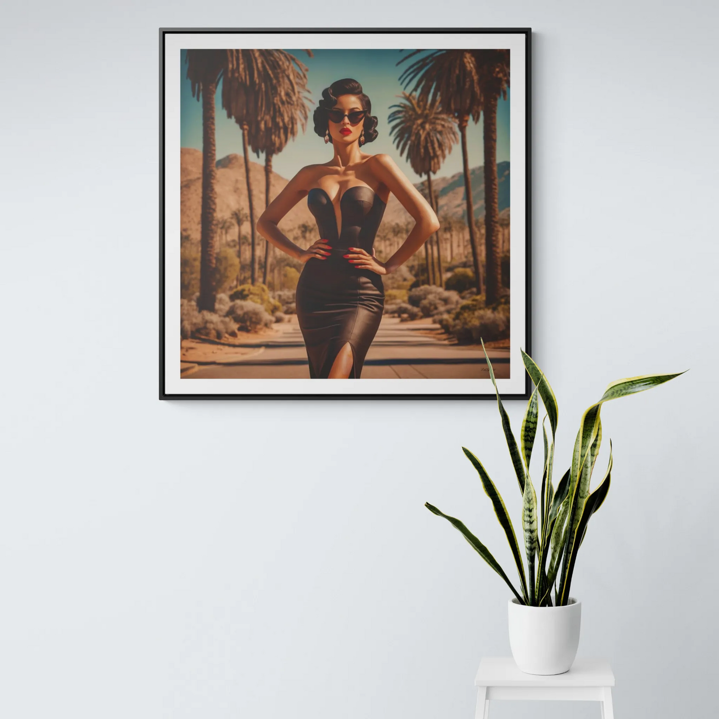 Canvas Wall Art, Glamorous Retro Woman in Palm Springs Square Frame, Fashion Glam Home Decor, Wall Hanging, Gift for Her, Home Office Decor,