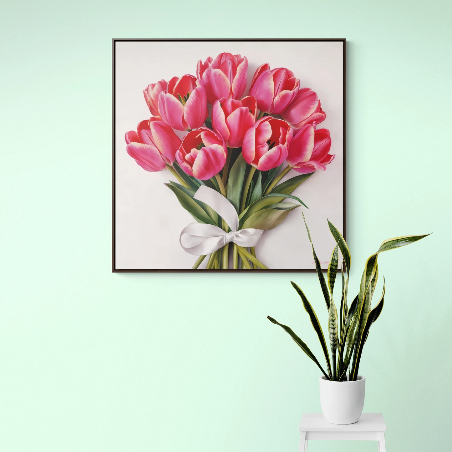 Square Frame Canvas Wall Art, Feminine Pink Tulips Bouquet Gallery Wrap, Home Decor Gift, Floral Print, Living Room Decoration